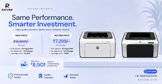 Refurbished printer vs new printer comparison showing affordable, reliable, and eco-friendly printing solutions for home and office use.